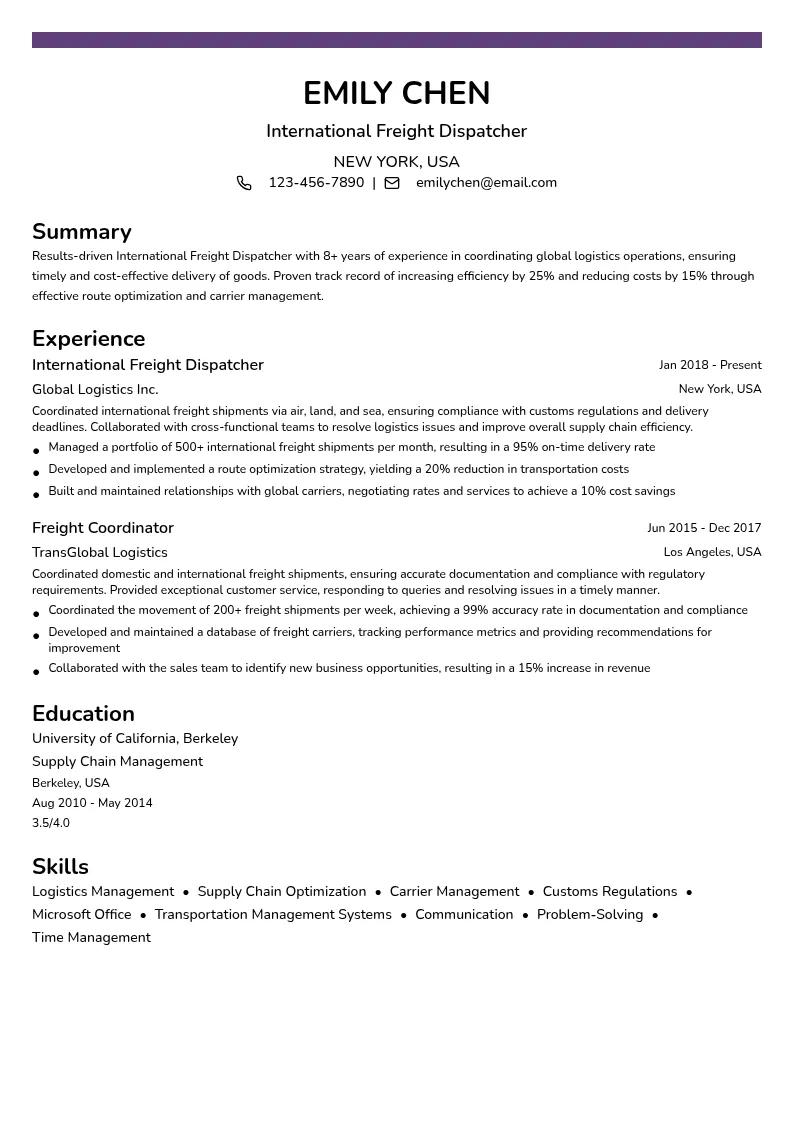 International Freight Dispatcher resume example
