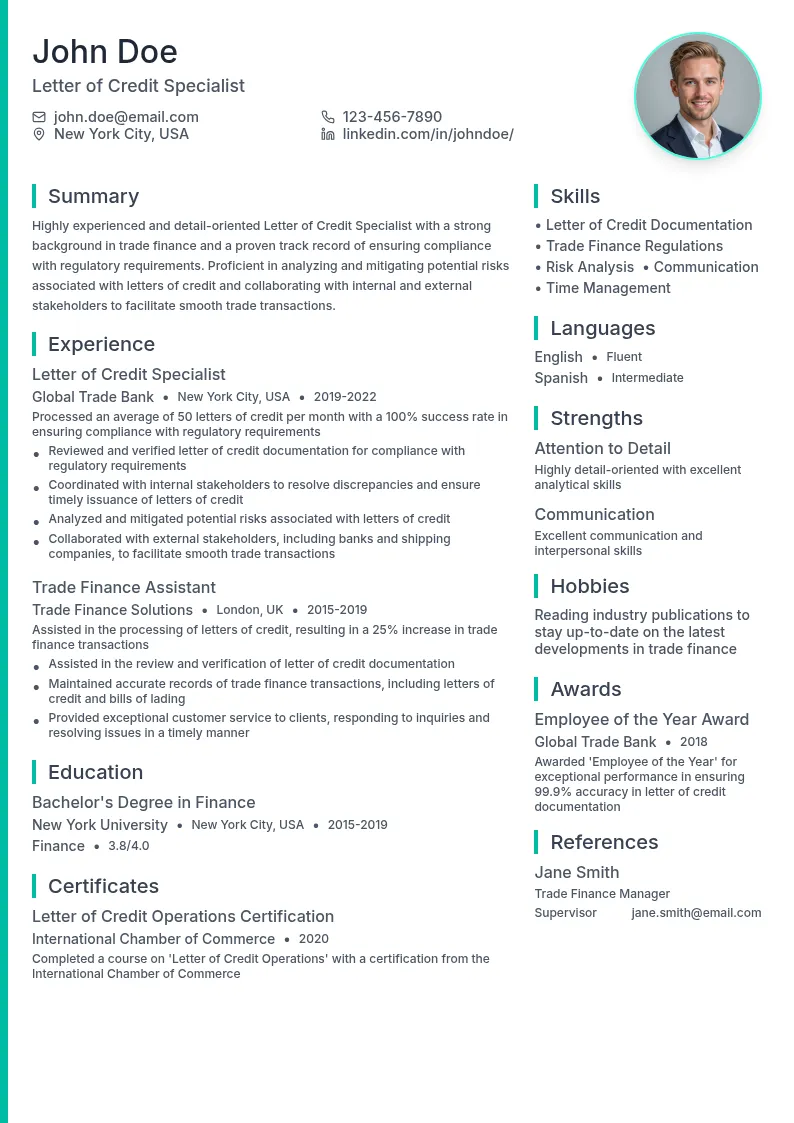 Letter of Credit Specialist resume example