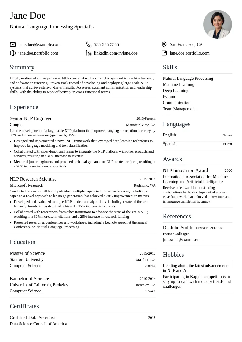Natural Language Processing Specialist resume example