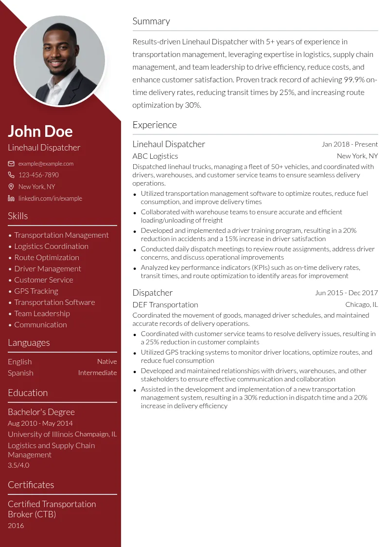 Linehaul Dispatcher resume example
