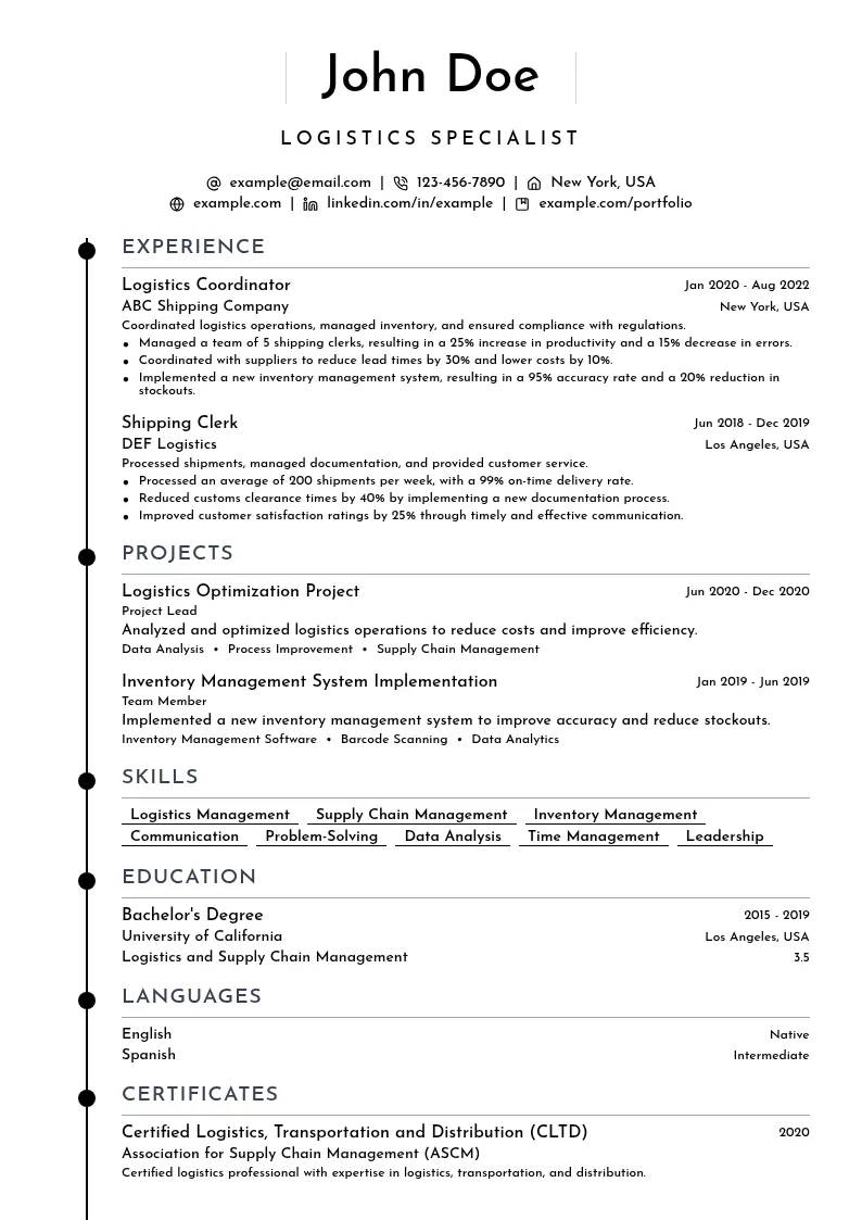 Logistics Specialist resume example
