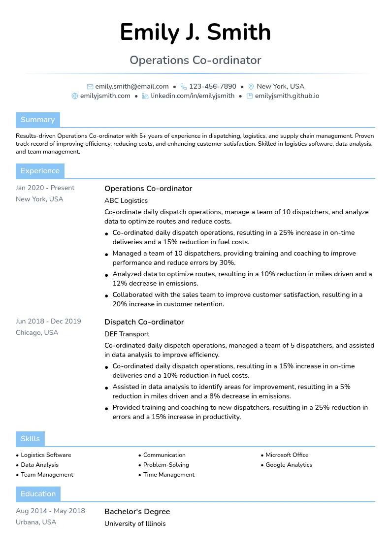 Operations Co-ordinator resume example