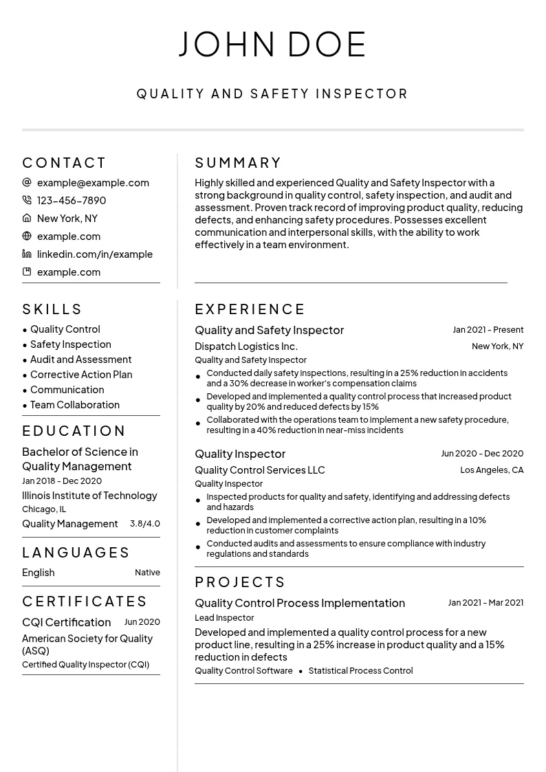 Quality and Safety Inspector resume example