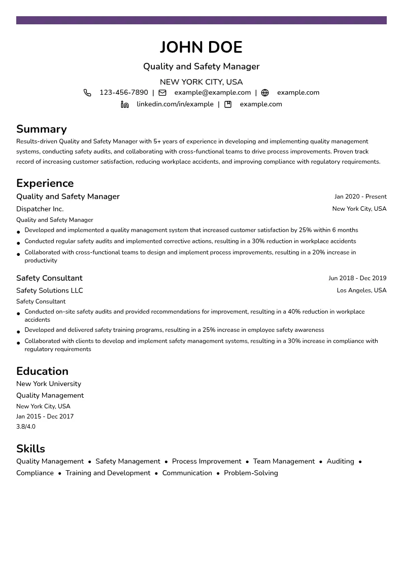 Quality and Safety Manager resume example