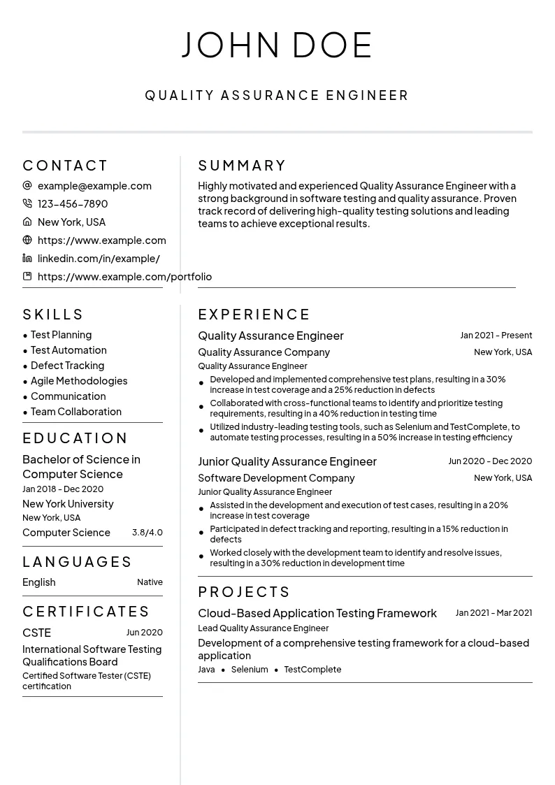 Quality Assurance resume example