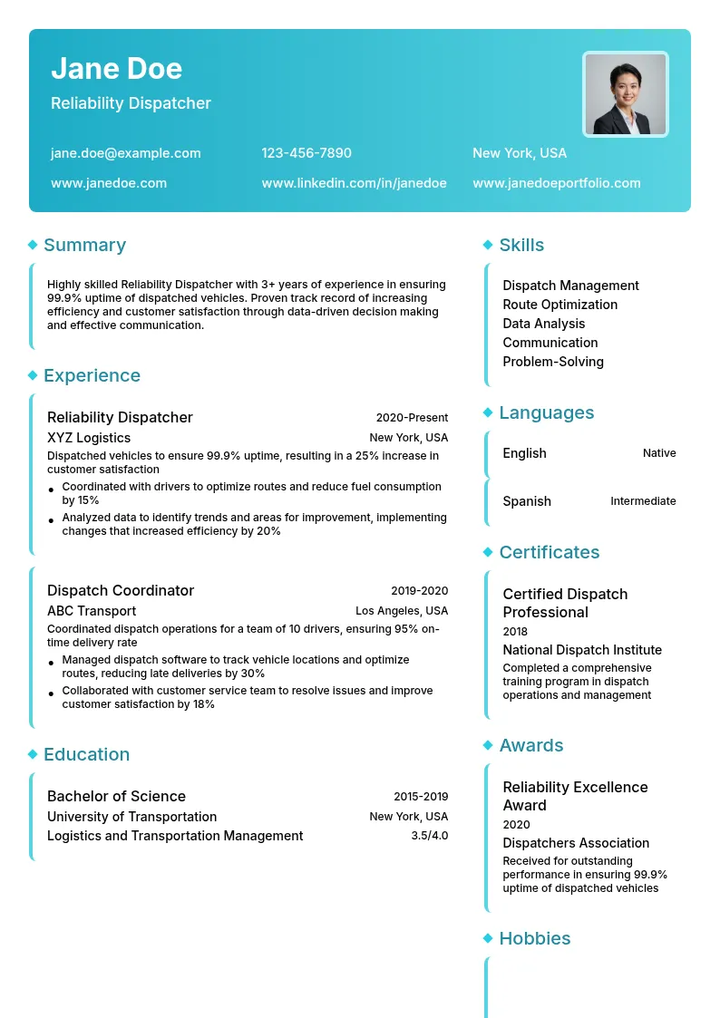 Reliability Dispatcher resume example