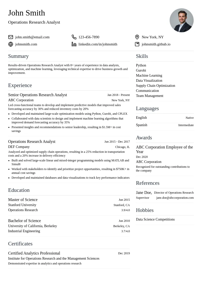 Operations Research Analyst resume example