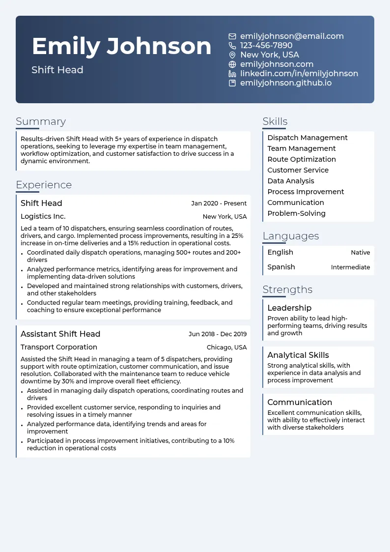 Shift Head resume example