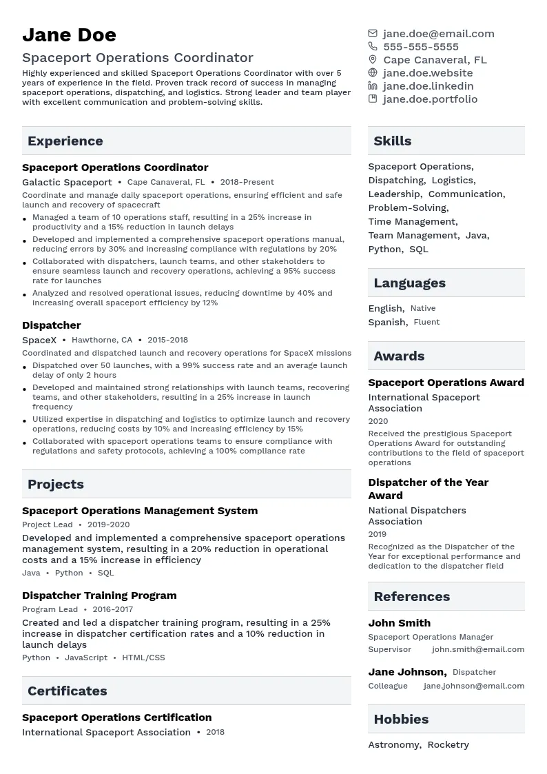 Spaceport Operations Coordinator resume example