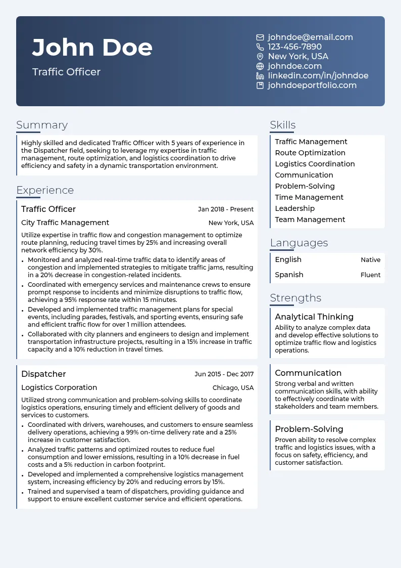 Traffic Officer resume example