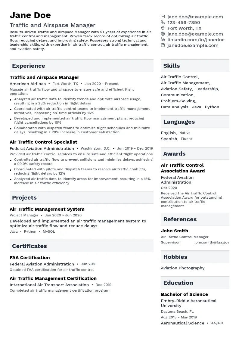 Traffic and Airspace Manager resume example