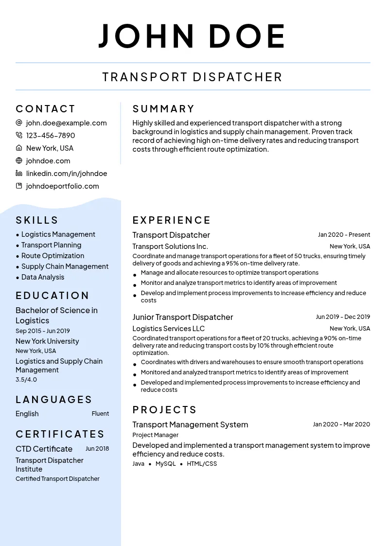 Transport dispatcher resume example