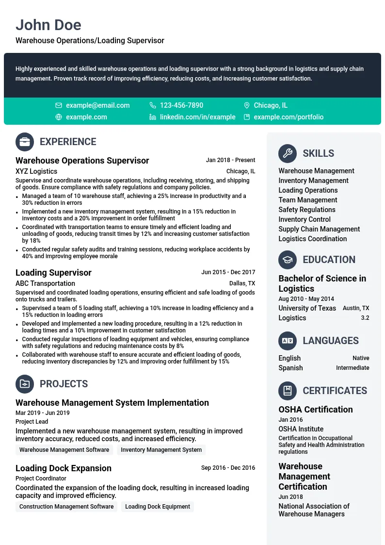 Warehouse Operations/ Loading Supervisor resume example