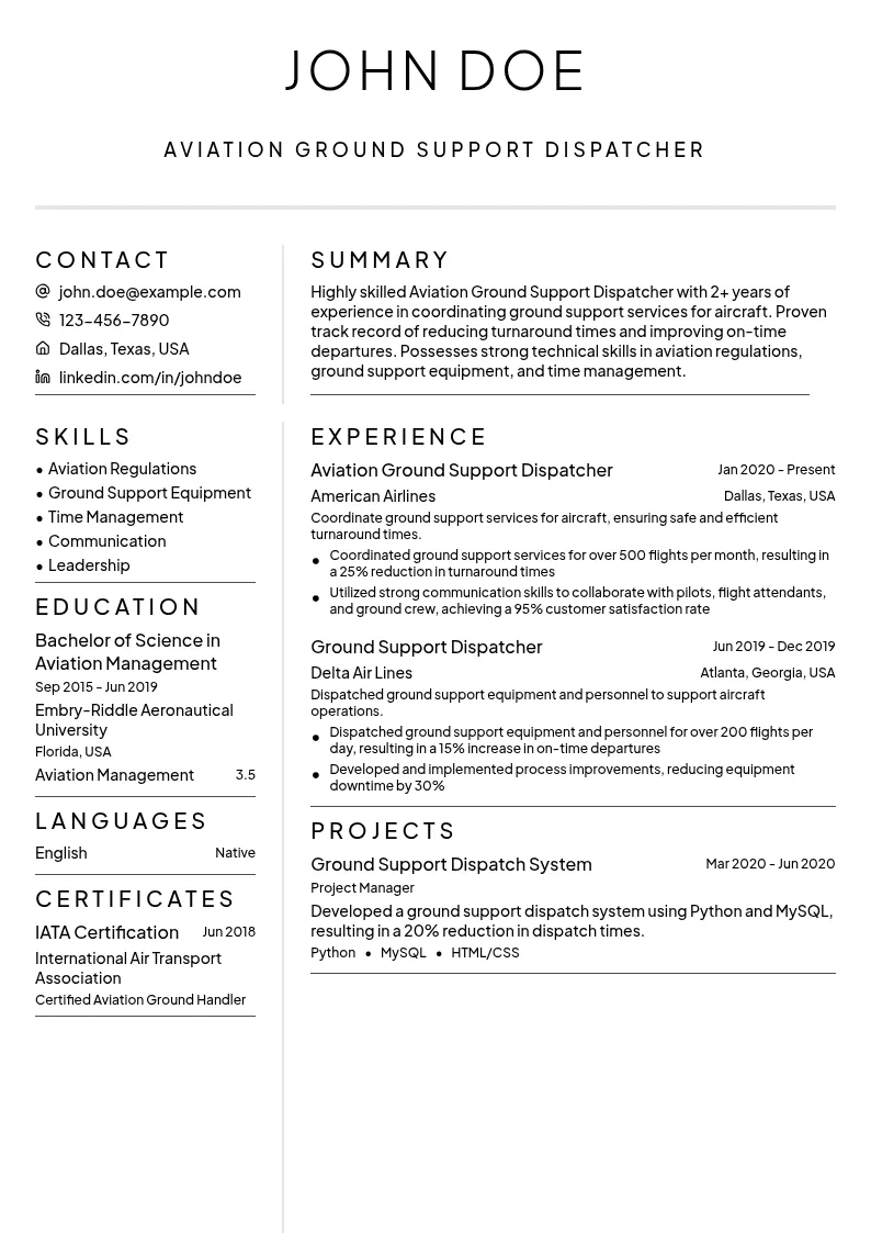 Aviation Ground Support Dispatcher resume example