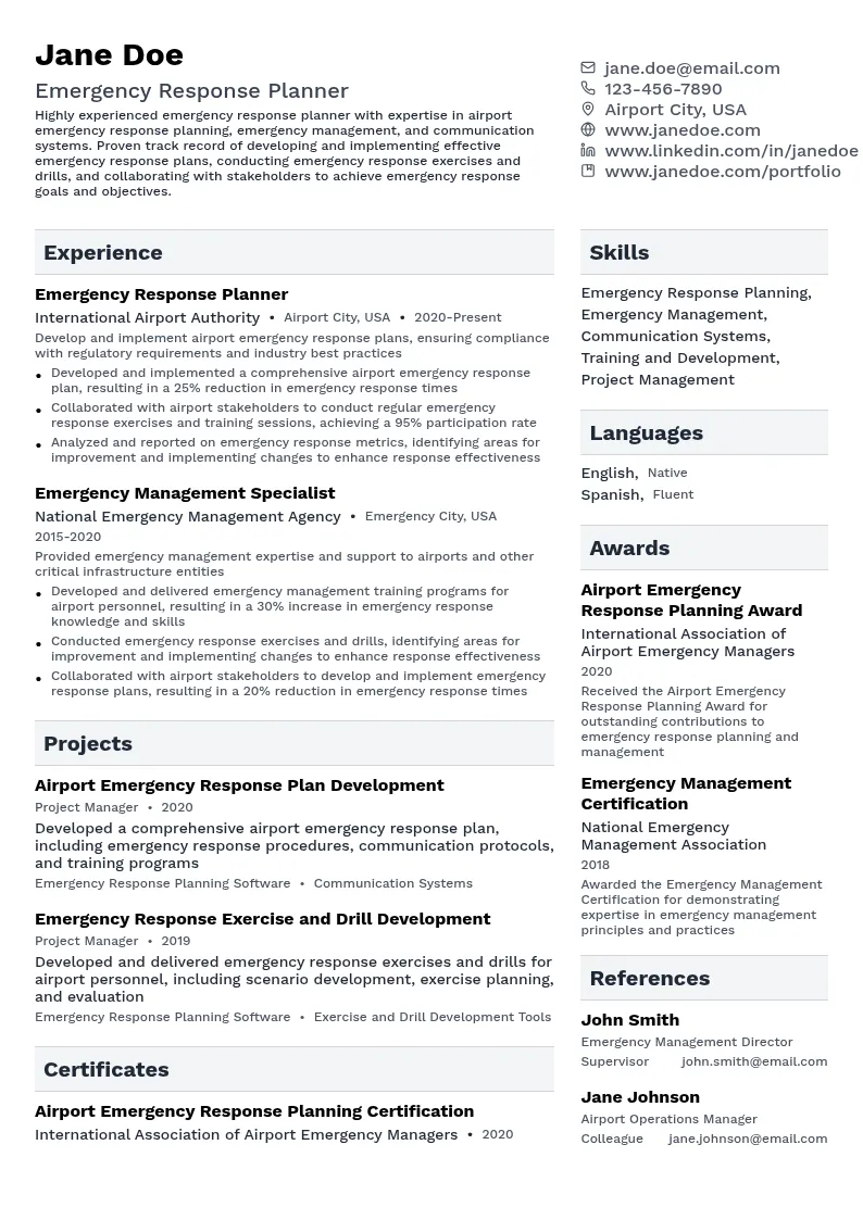 Airport Emergency Response Plan resume example