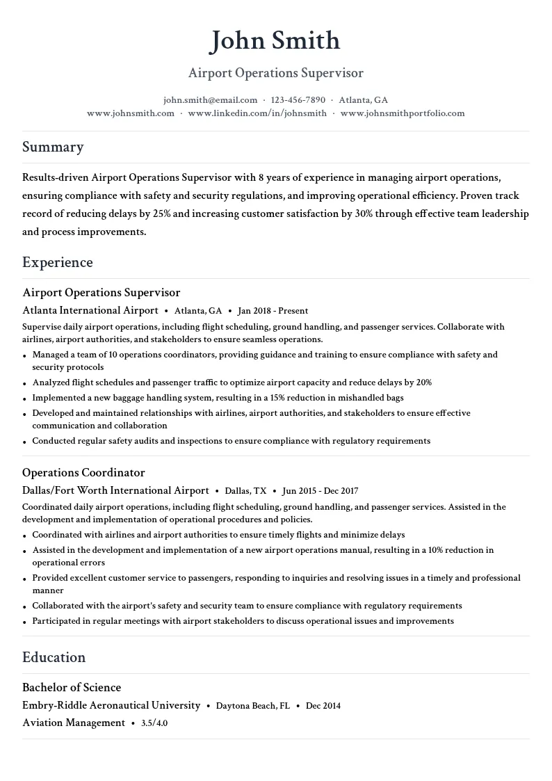 Airport Operations Supervisor resume example
