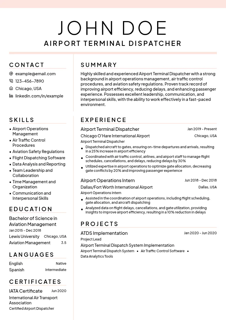 Airport Terminal Dispatcher resume example