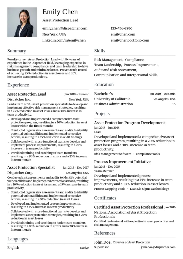 Asset Protection Lead resume example