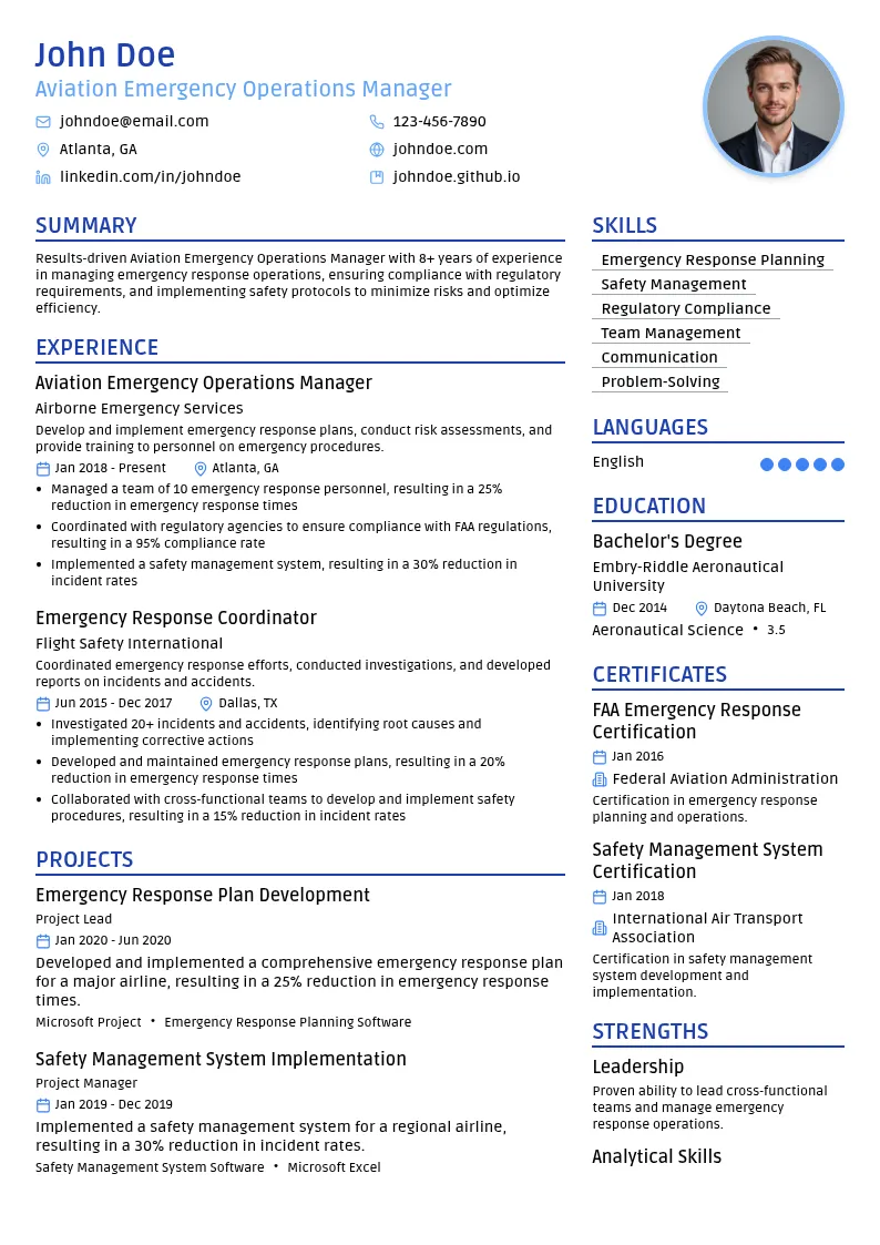 Aviation Emergency Operations Manager resume example