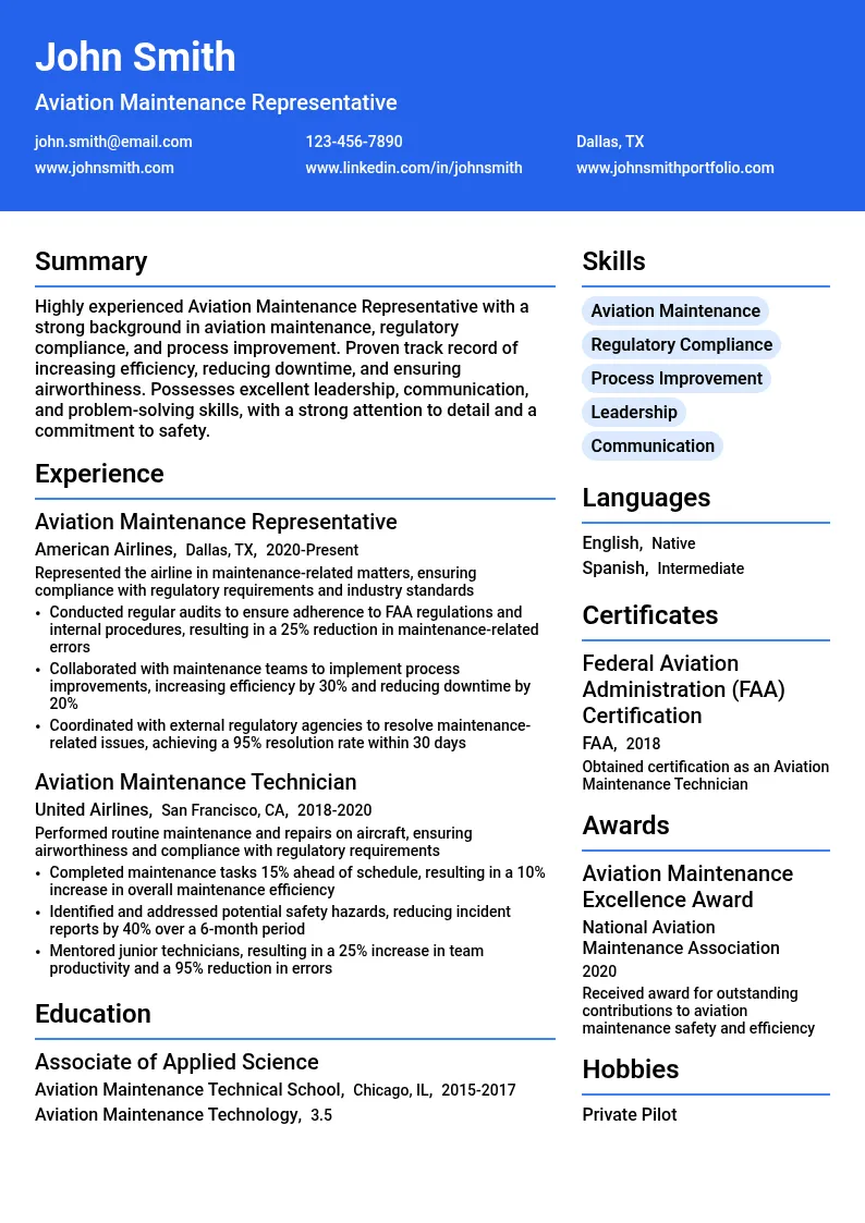 Aviation Maintenance Representative resume example