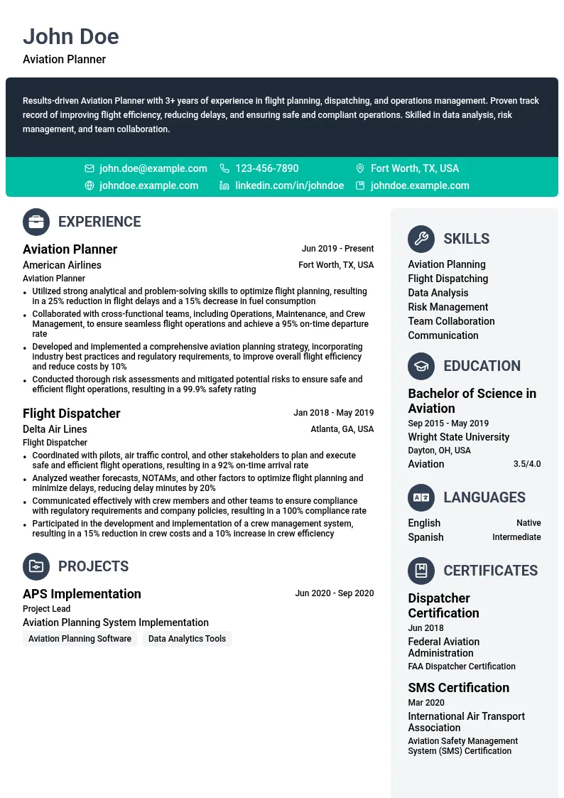 Aviation Planner resume example