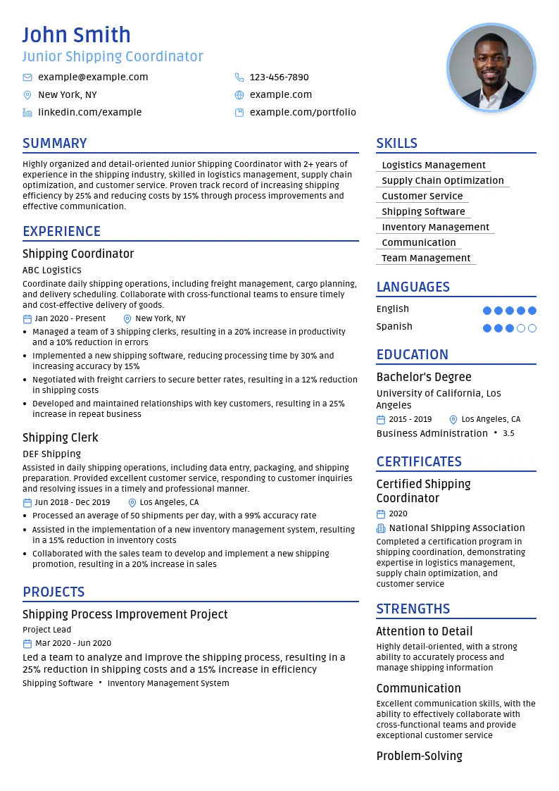 Junior Shipping Coordinator resume example
