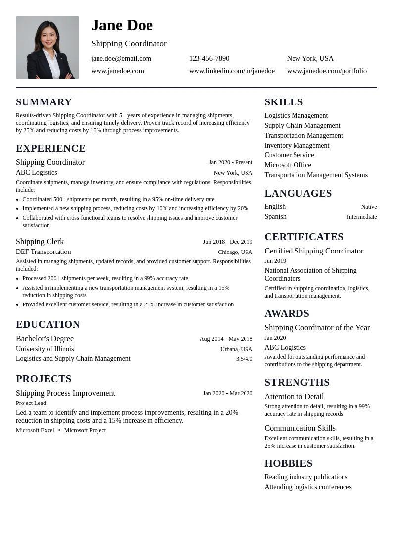 Shipping Coordinator resume example
