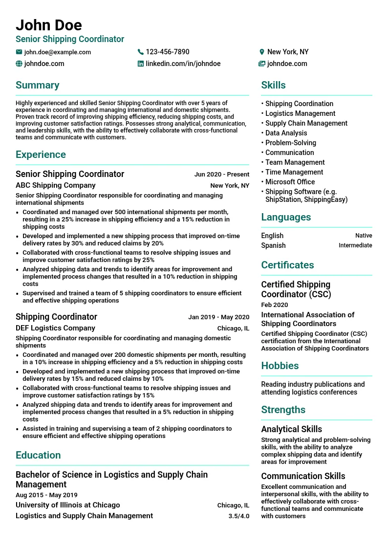 Senior Shipping Coordinator resume example
