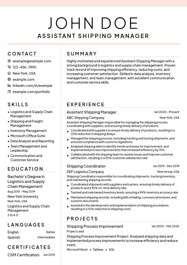 Assistant Shipping Manager resume example