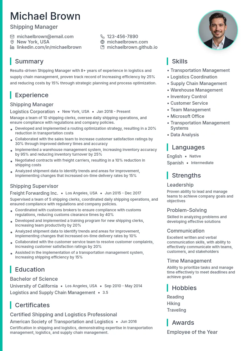 Shipping Manager resume example