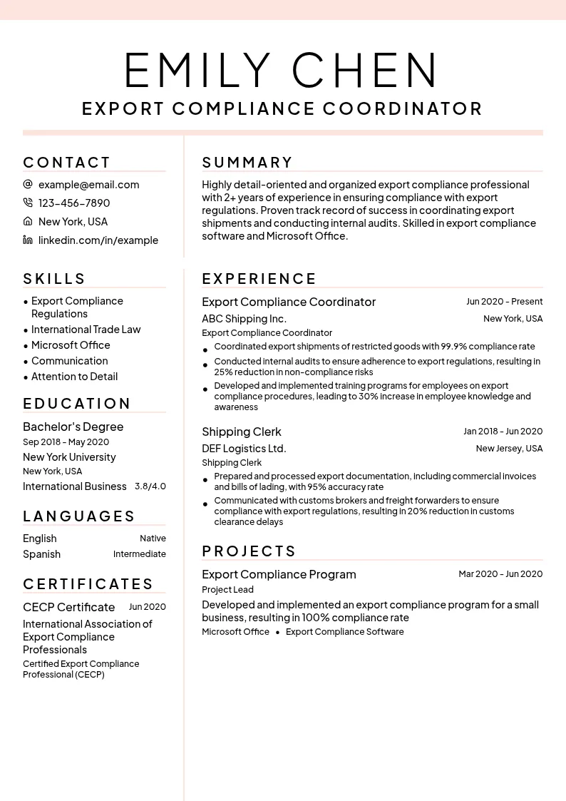Export Compliance Coordinator resume example