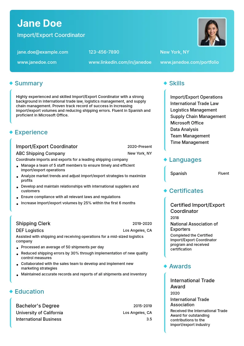Import/Export Coordinator resume example