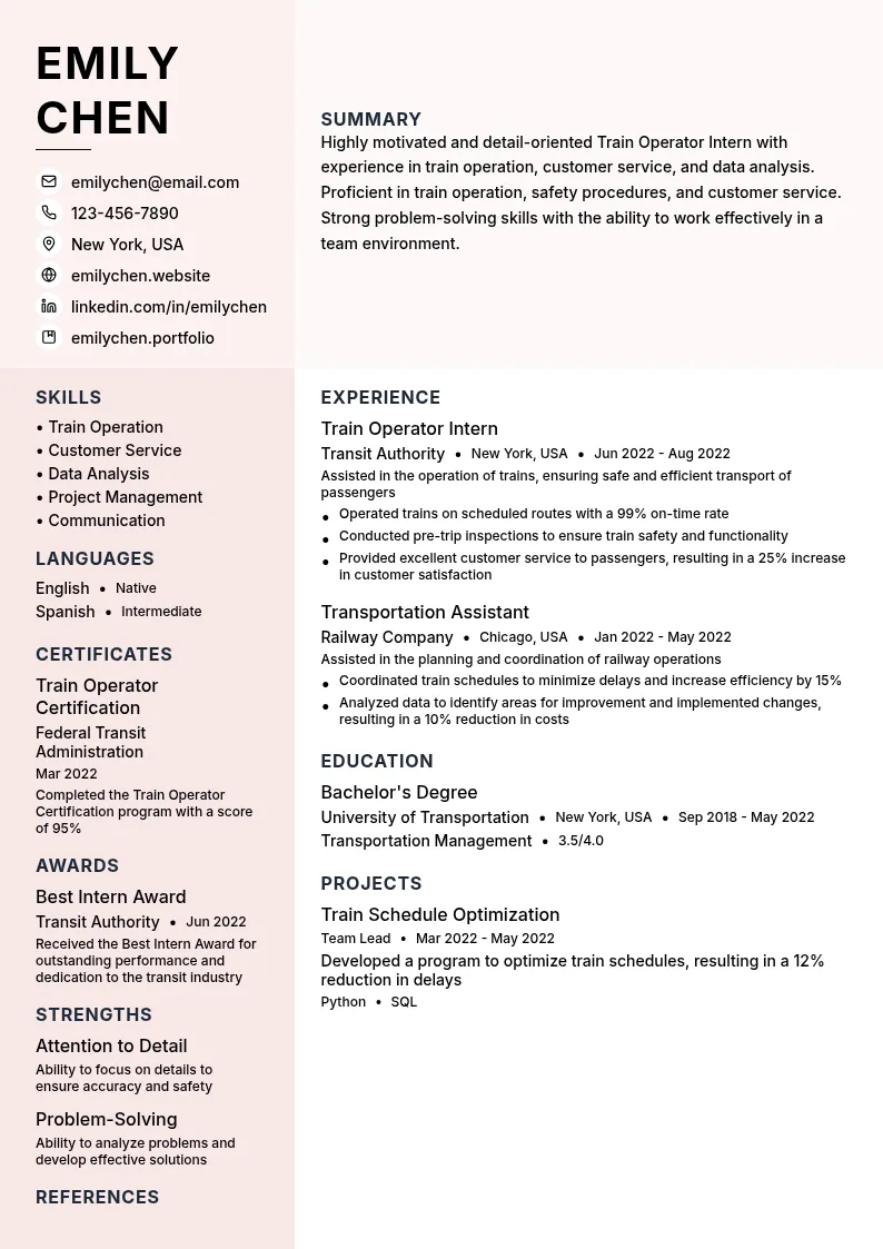 Train Operator Intern resume example