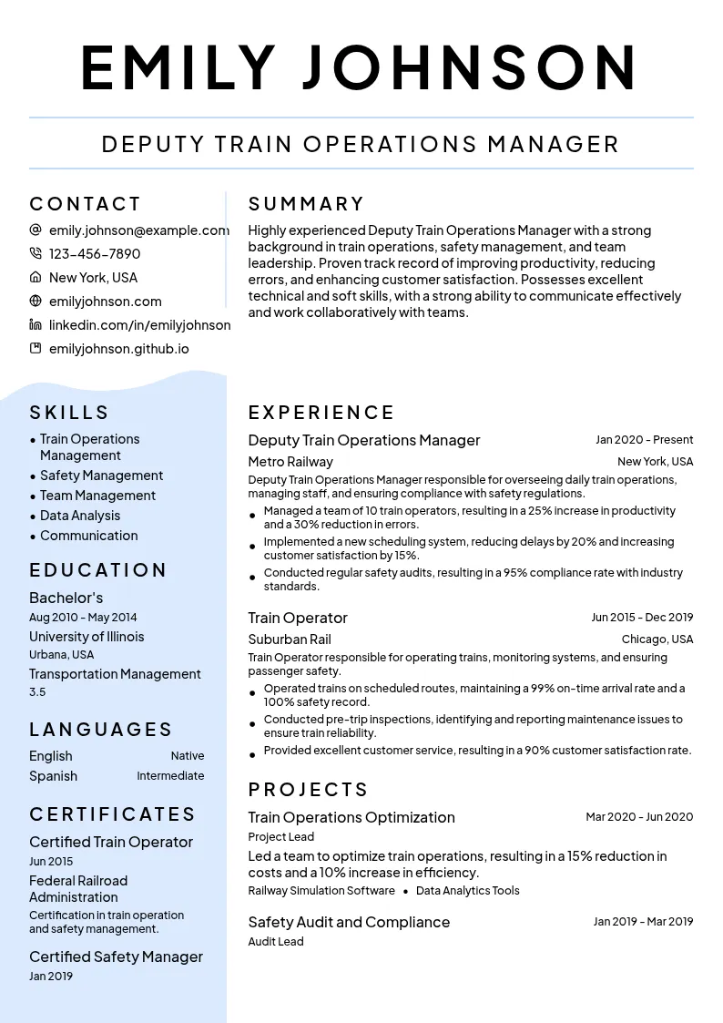 Deputy Train Operations Manager resume example