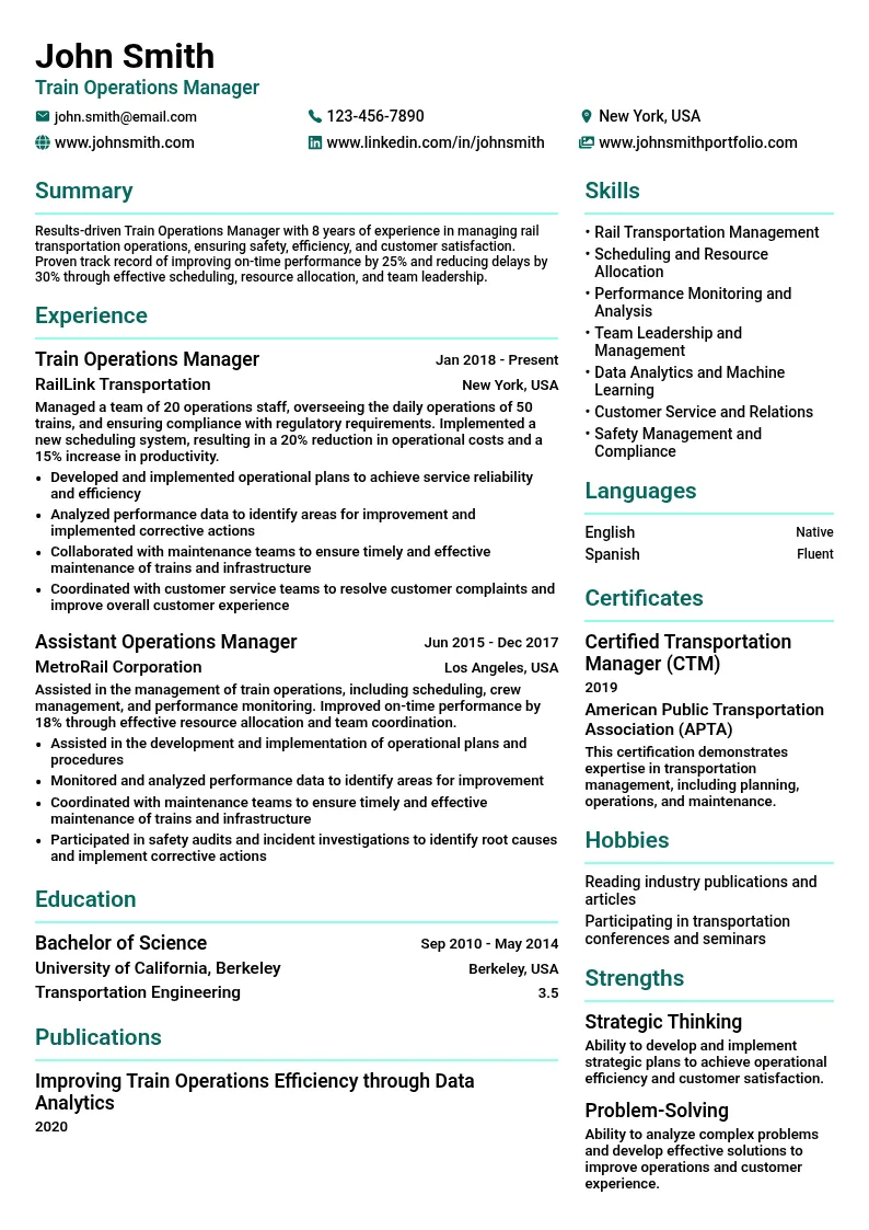 Train Operations Manager resume example
