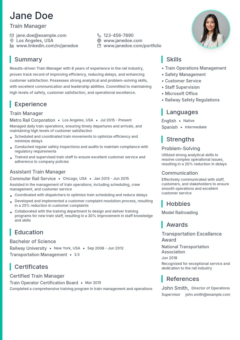 Train Manager resume example