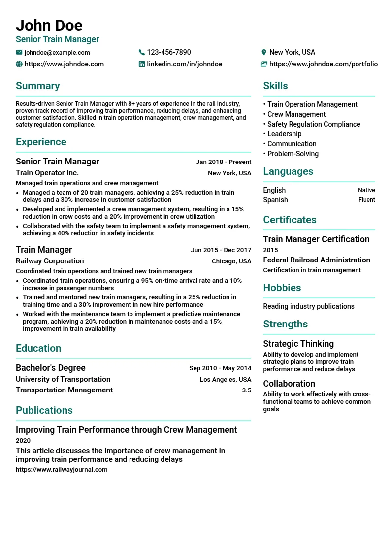 Senior Train Manager resume example