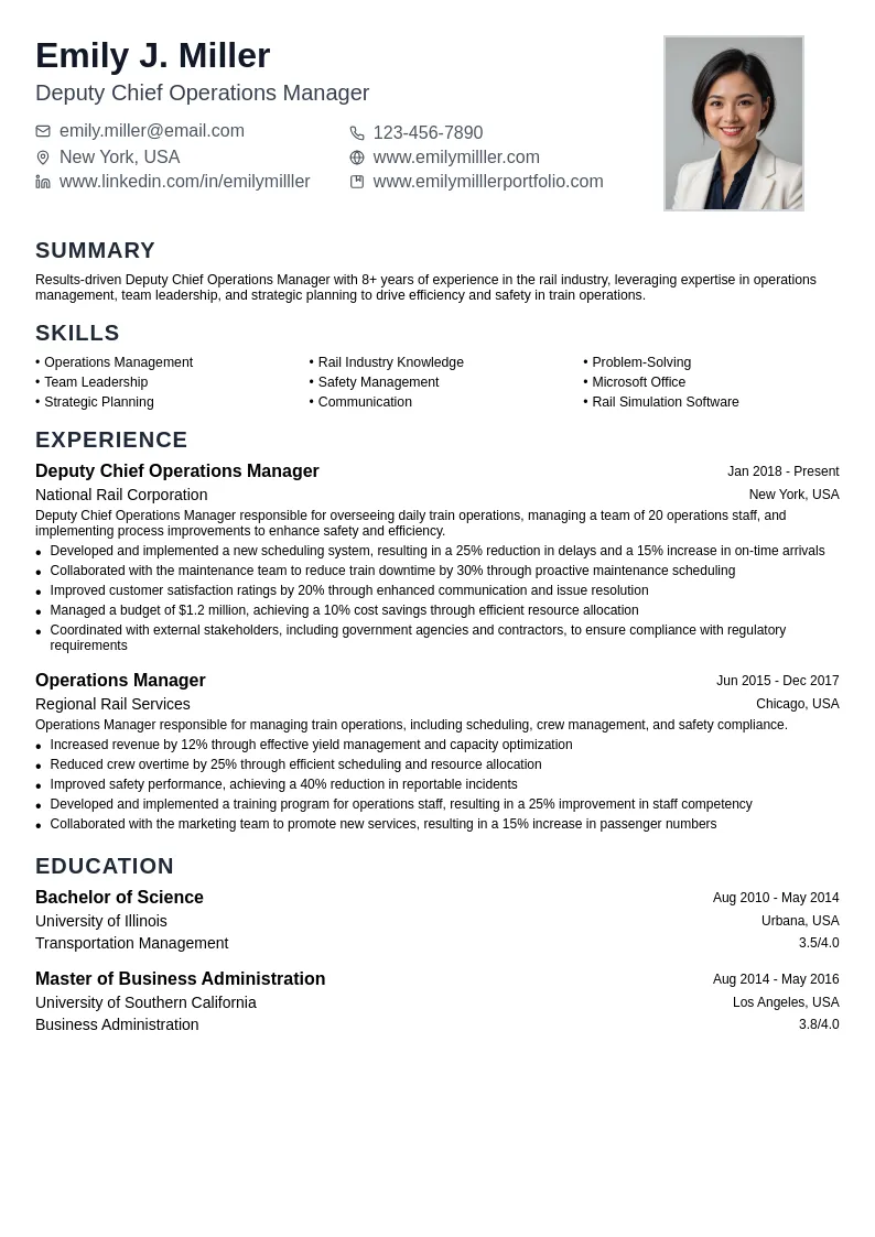 Deputy Chief Operations Manager resume example