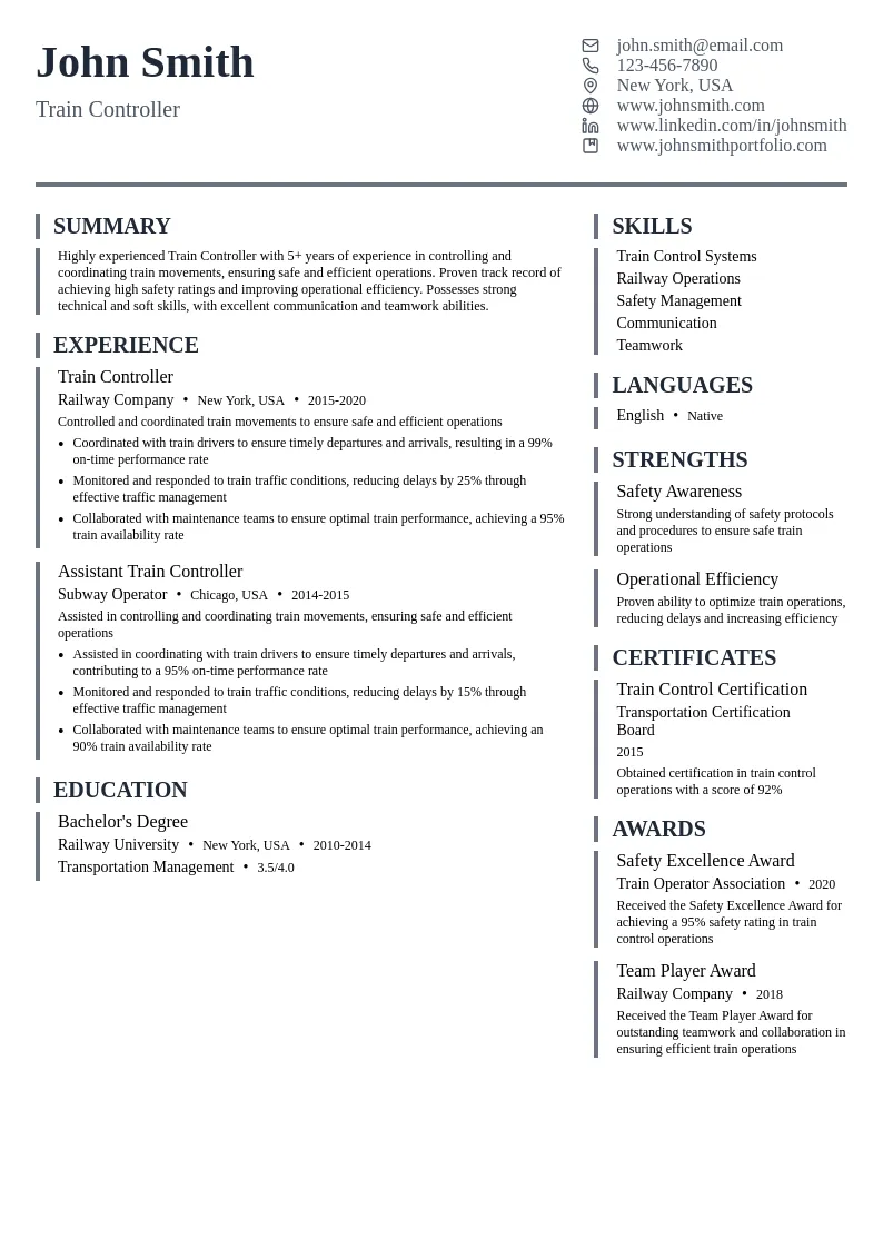 Train Controller resume example