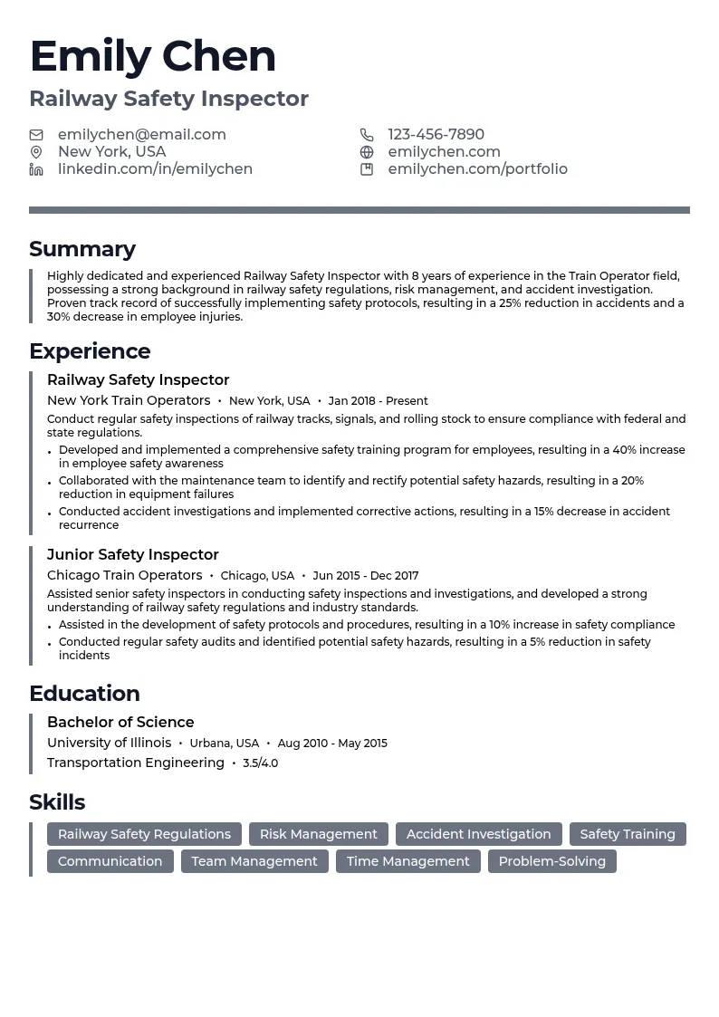 Railway Safety Inspector resume example