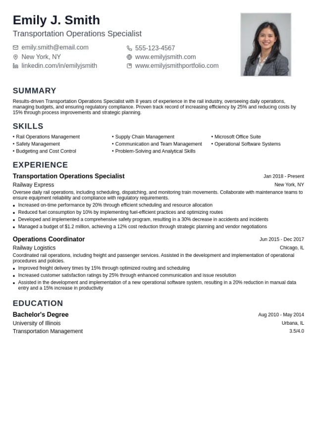 Transportation Operations Specialist resume example