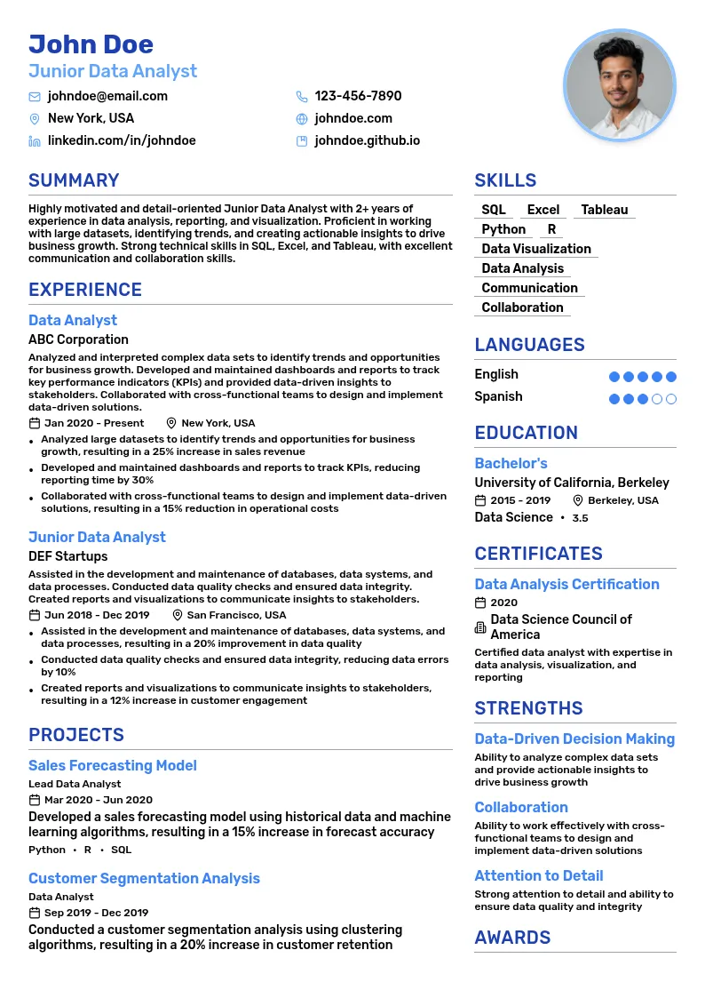 Junior Data Analyst resume example