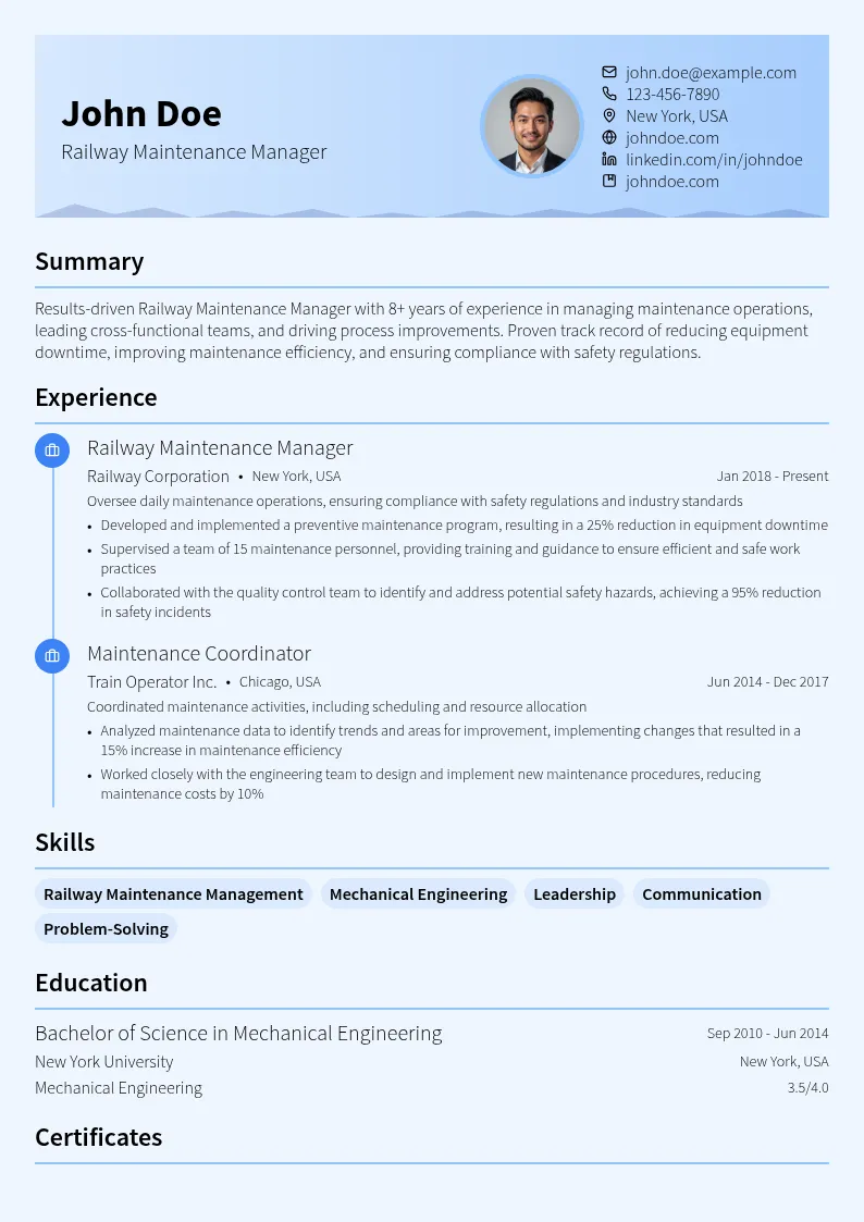 Railway Maintenance Manager resume example