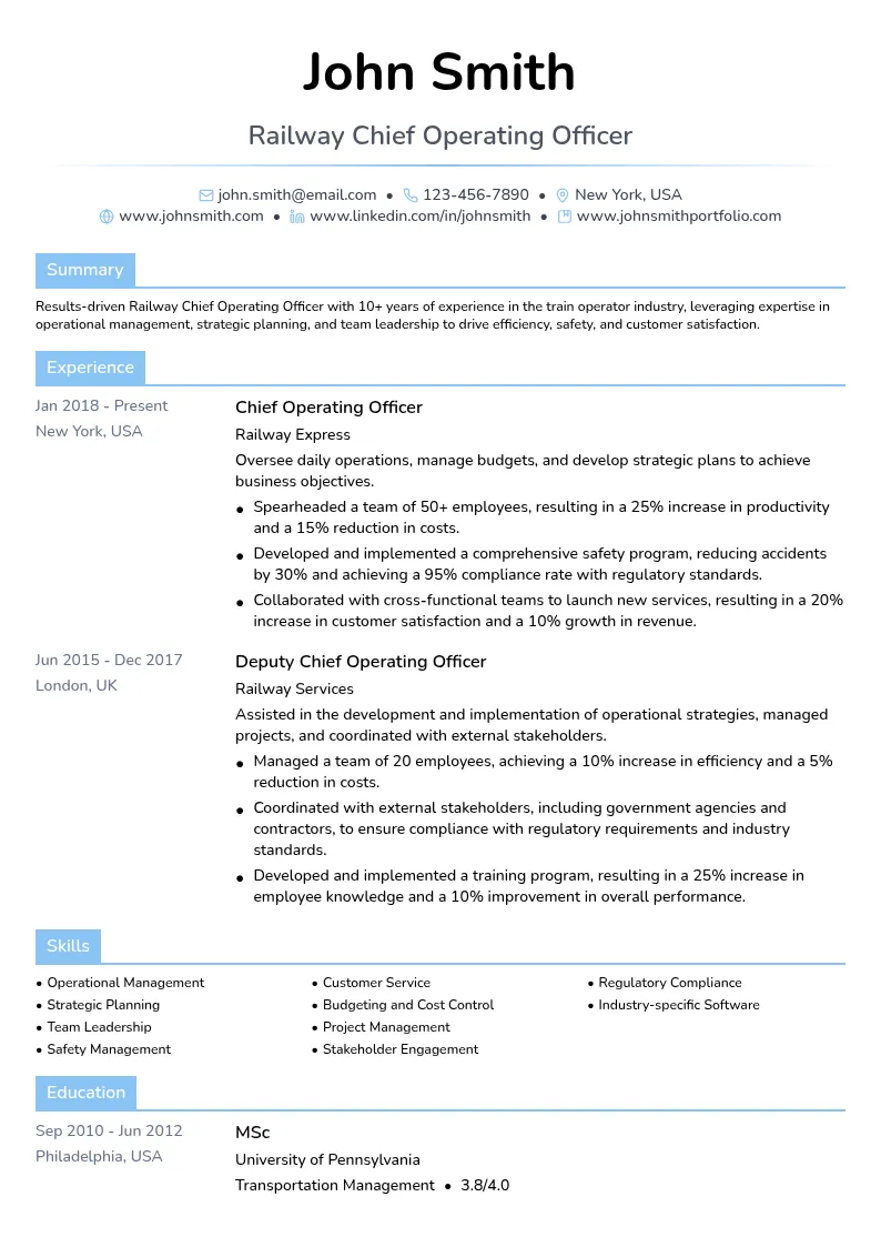 Railway Chief Operating Officer resume example