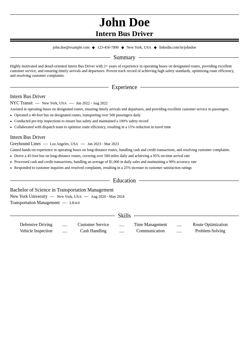 Intern Bus Driver resume example