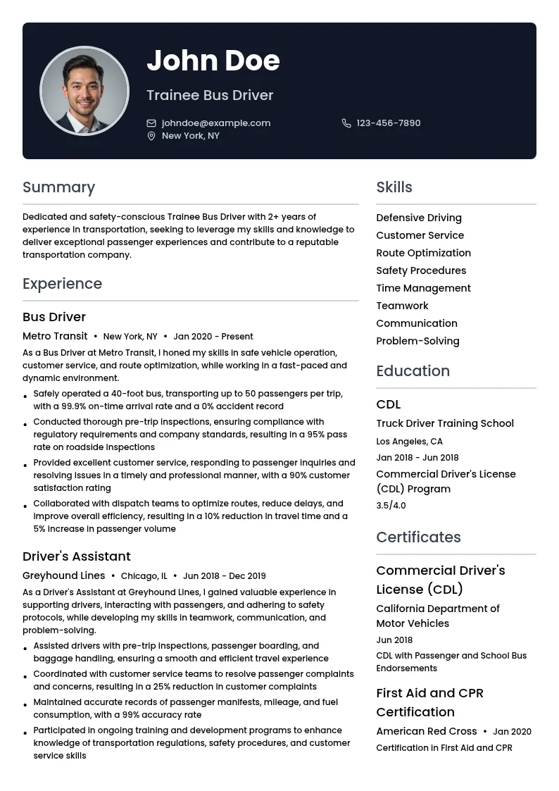 Trainee Bus Driver resume example