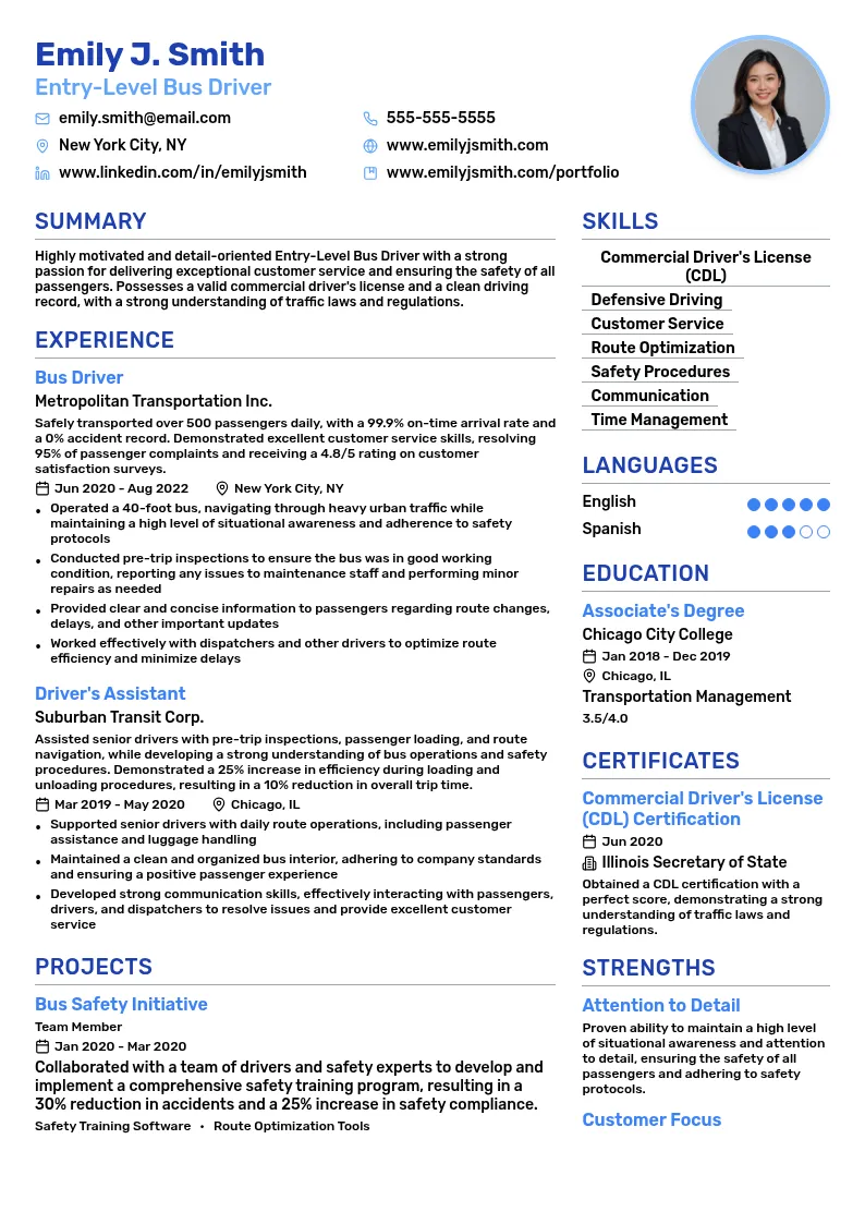 Entry-Level Bus Driver resume example