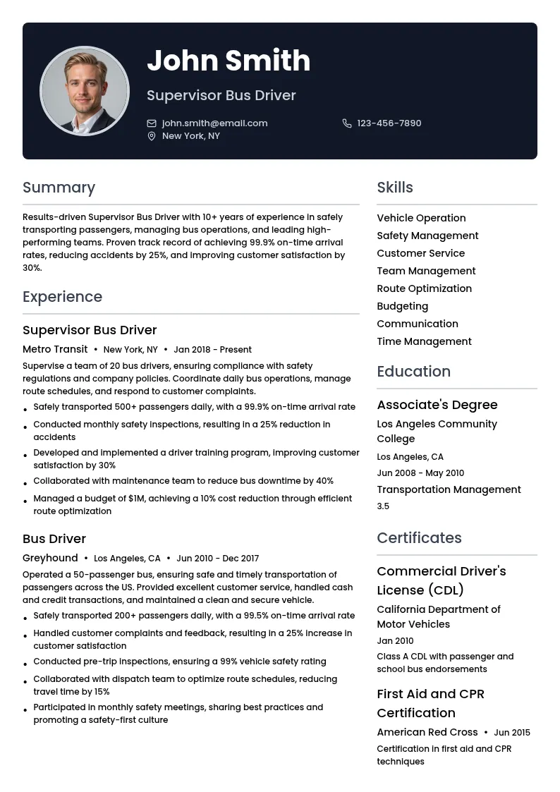 Supervisor Bus Driver resume example