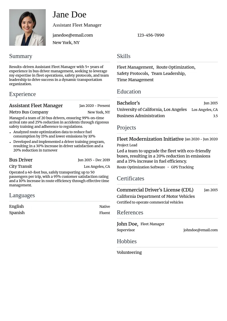 Assistant Fleet Manager Bus Driver resume example
