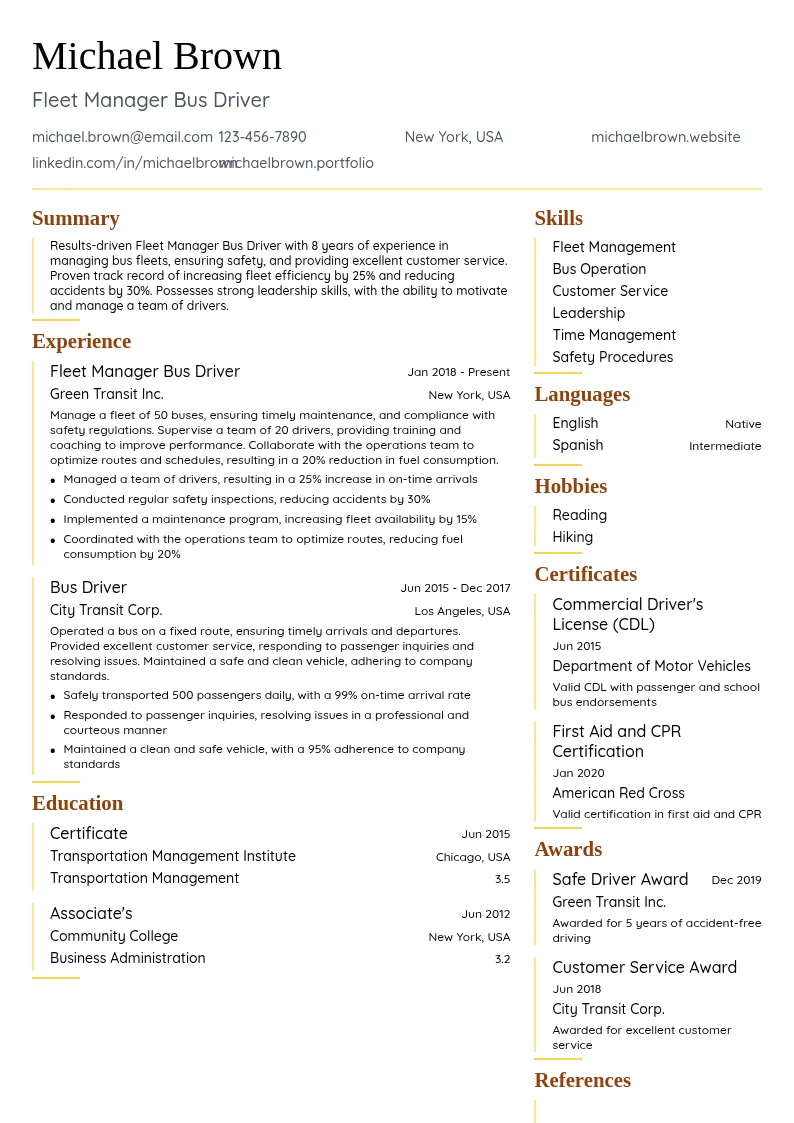 Fleet Manager Bus Driver resume example